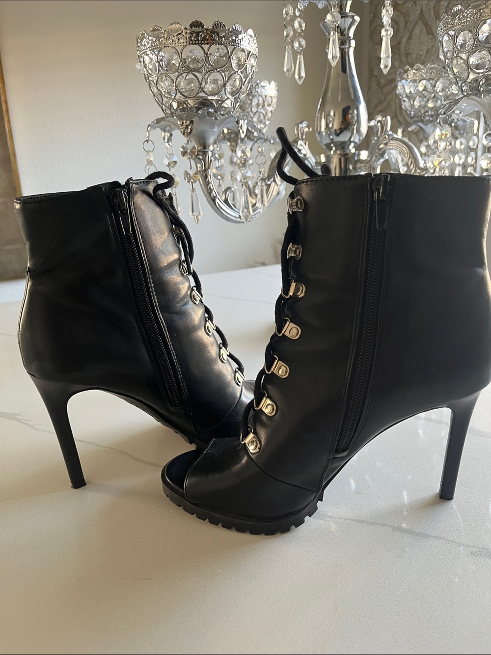 Black Lace-Up Peep Toe Heeled Booties